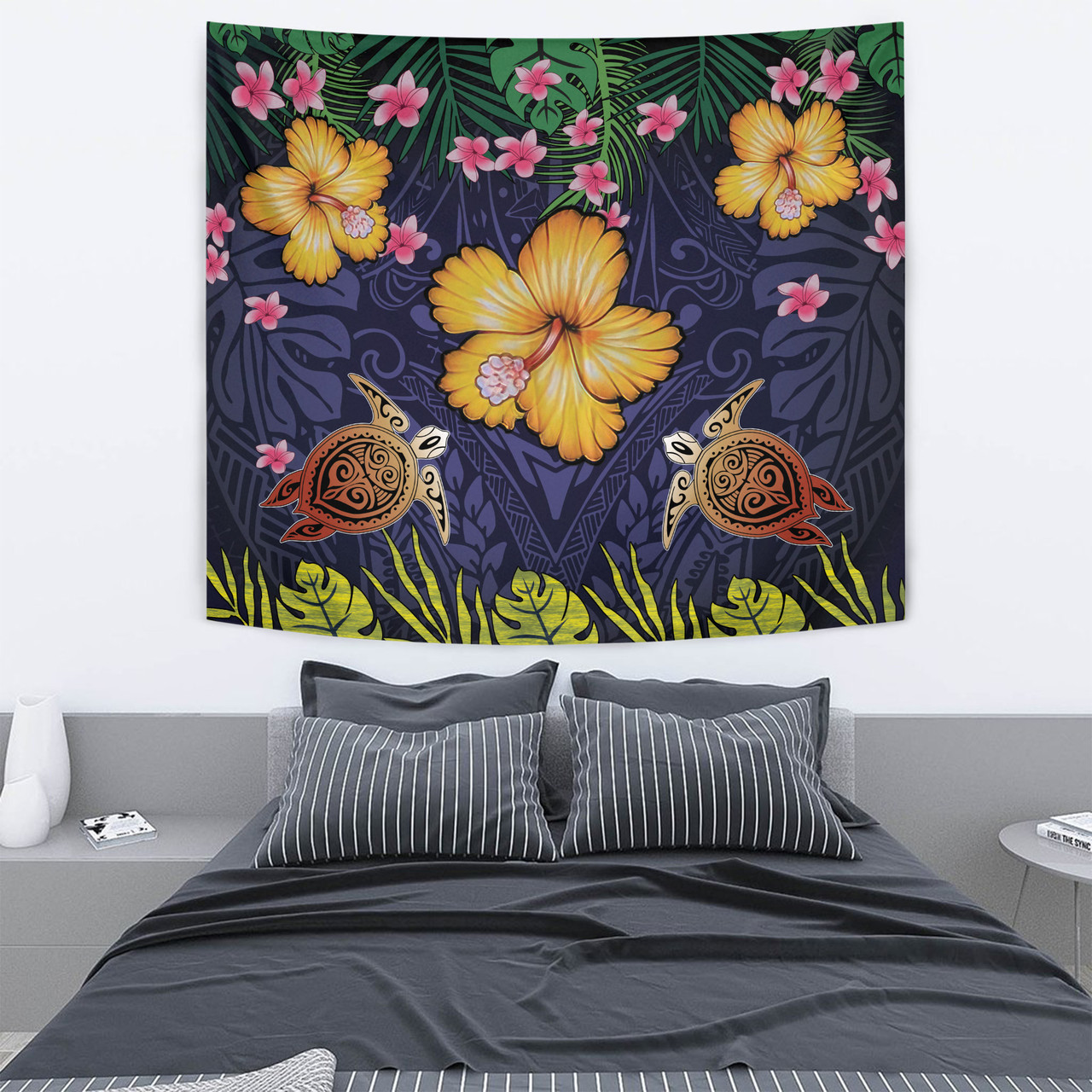 Hawaii Tapestry Polynesian Patterns Turtle Couple Hibiscus Plumeria Flowers