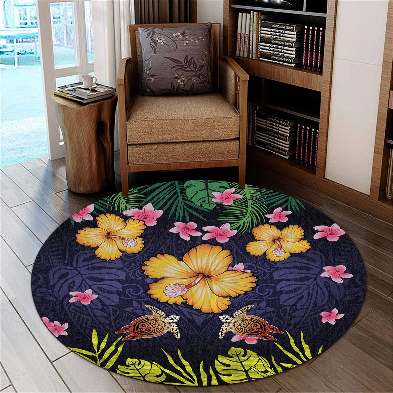 Hawaii Round Rug Polynesian Patterns Turtle Couple Hibiscus Plumeria Flowers