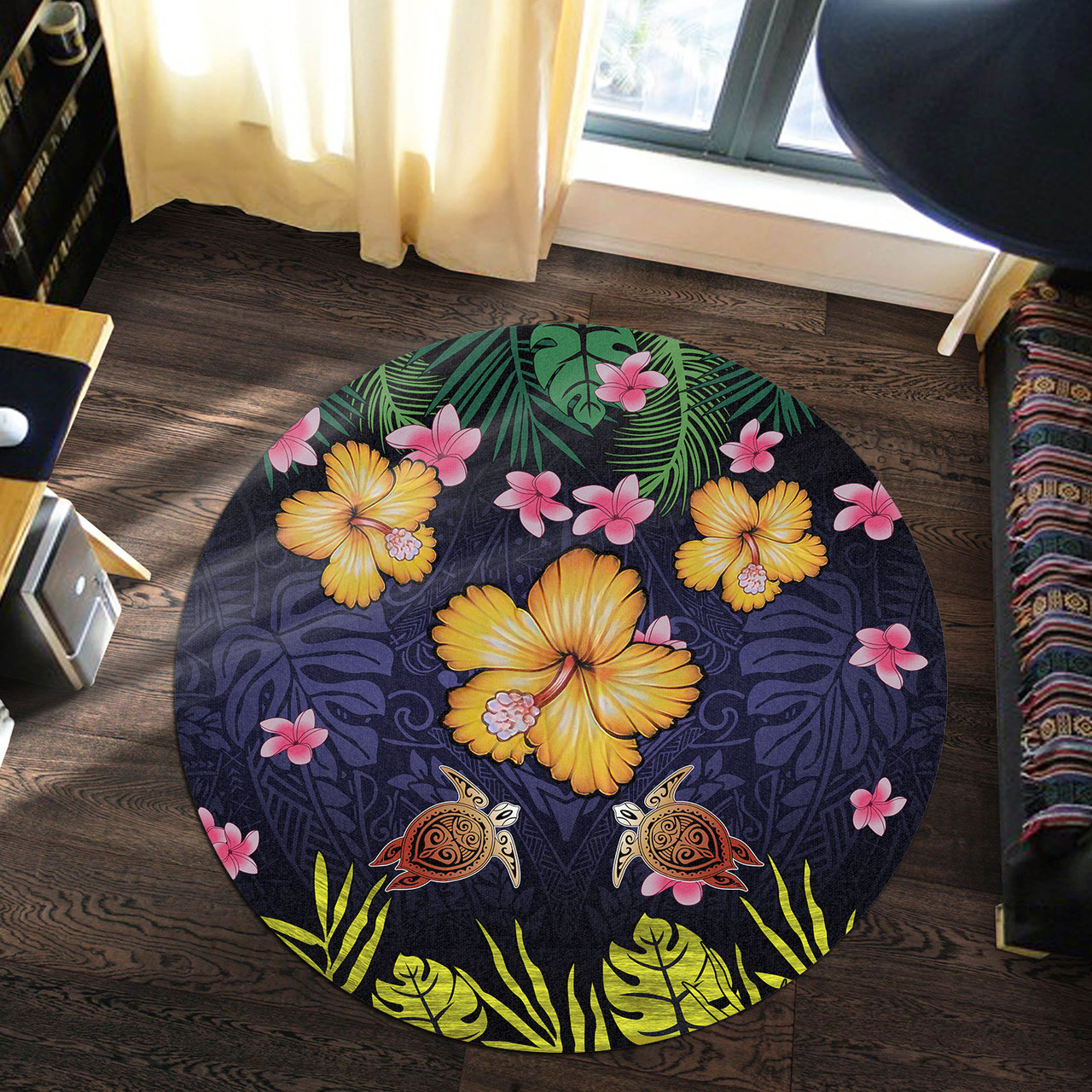 Hawaii Round Rug Polynesian Patterns Turtle Couple Hibiscus Plumeria Flowers