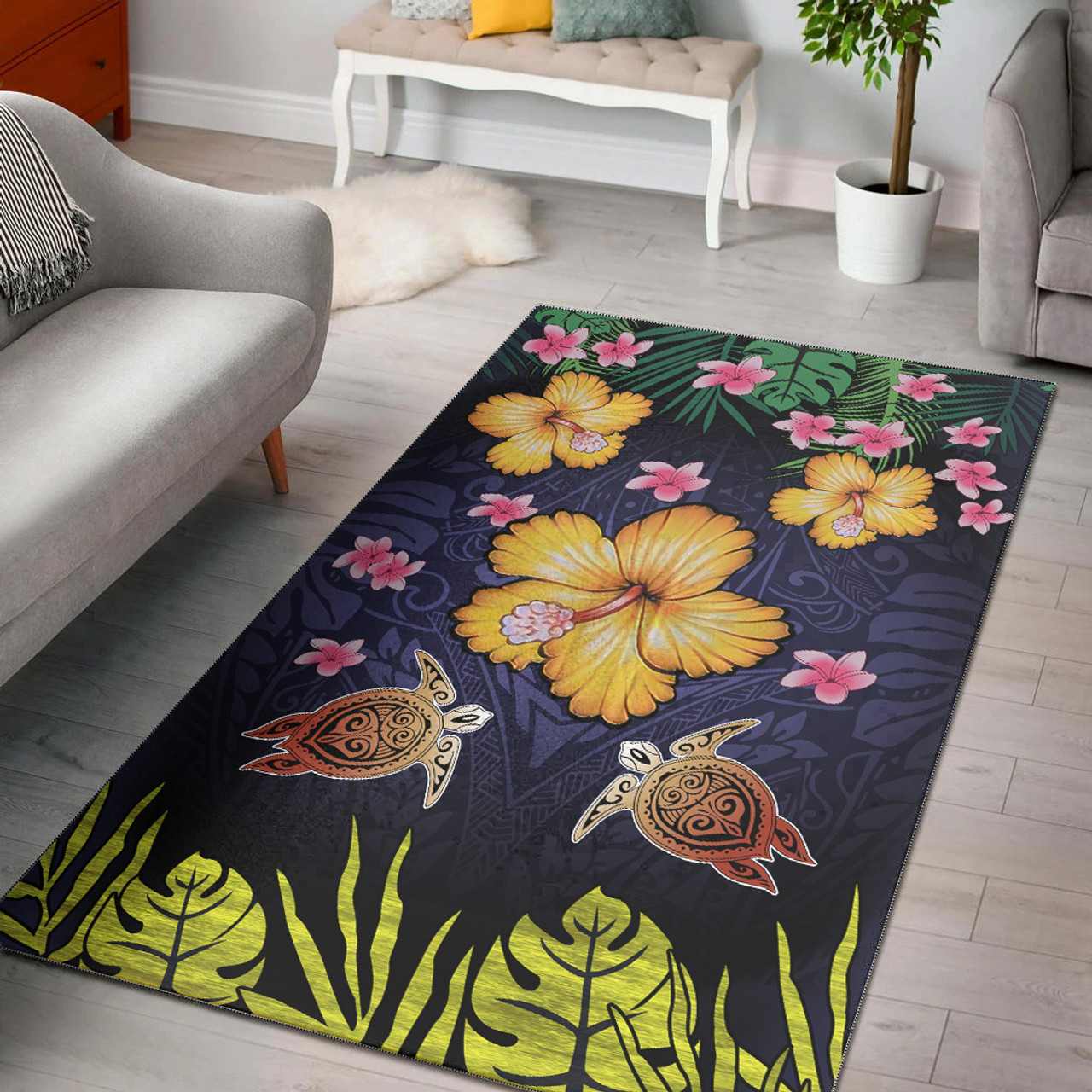 Hawaii Area Rug Polynesian Patterns Turtle Couple Hibiscus Plumeria Flowers