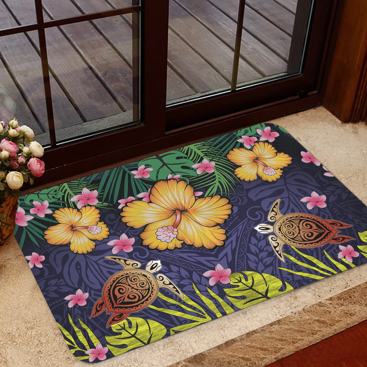 Hawaii Door Mat Polynesian Patterns Turtle Couple Hibiscus Plumeria Flowers