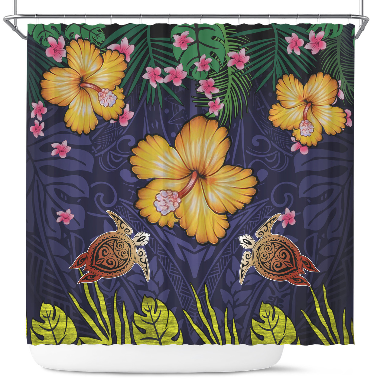 Hawaii Shower Curtain Polynesian Patterns Turtle Couple Hibiscus Plumeria Flowers