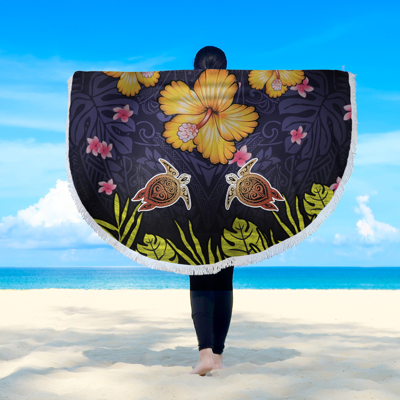 Hawaii Beach Blanket Polynesian Patterns Turtle Couple Hibiscus Plumeria Flowers