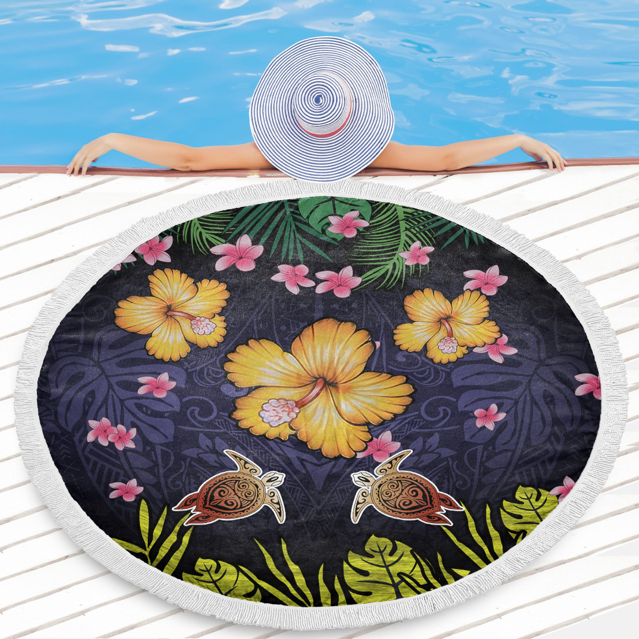 Hawaii Beach Blanket Polynesian Patterns Turtle Couple Hibiscus Plumeria Flowers