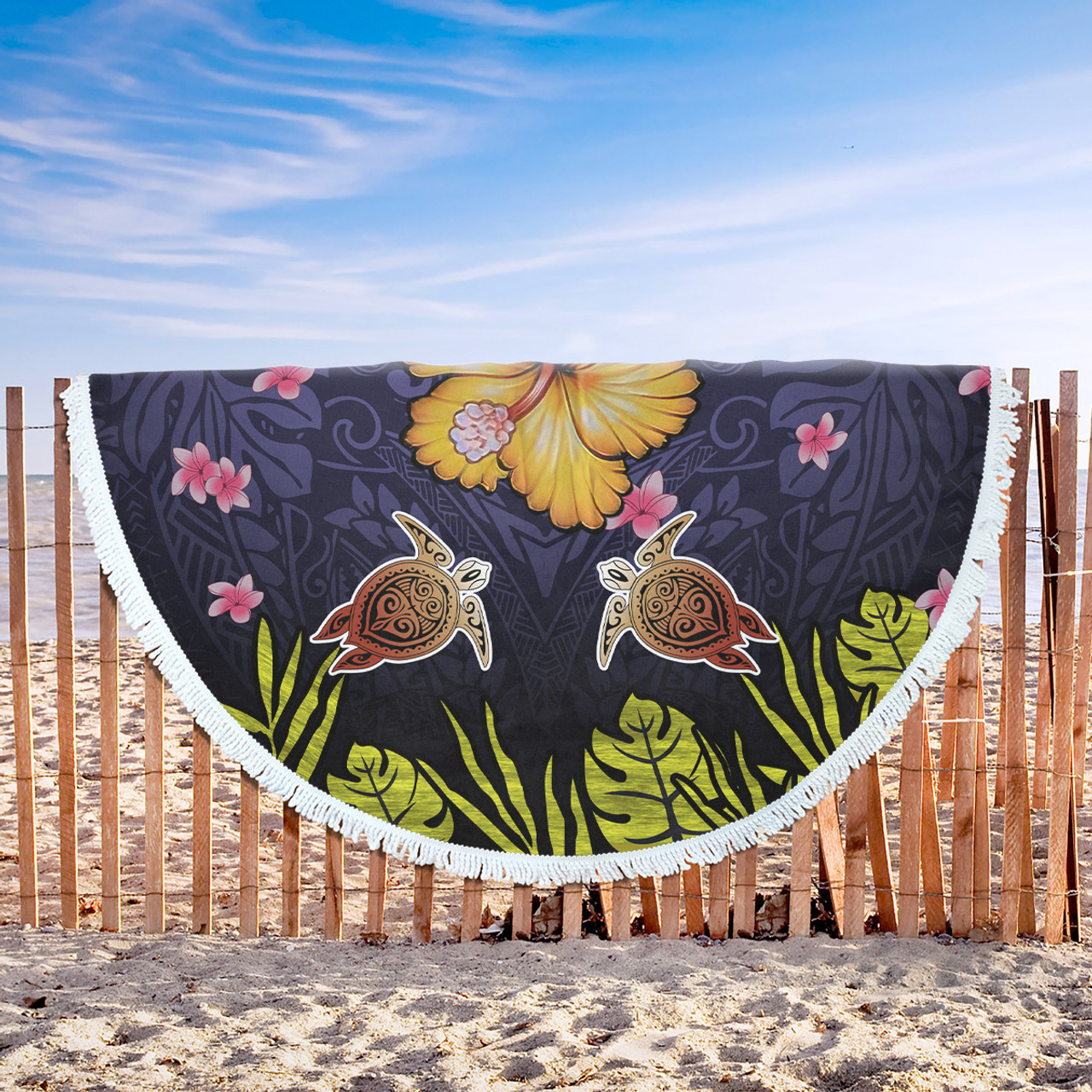 Hawaii Beach Blanket Polynesian Patterns Turtle Couple Hibiscus Plumeria Flowers