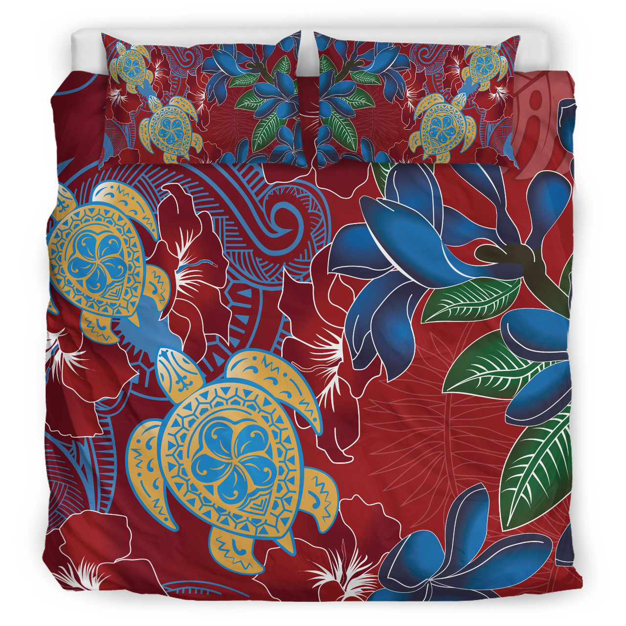 Hawaii Bedding Set Polynesian Cultures Turtle Couple Tropical Flowers Red Color