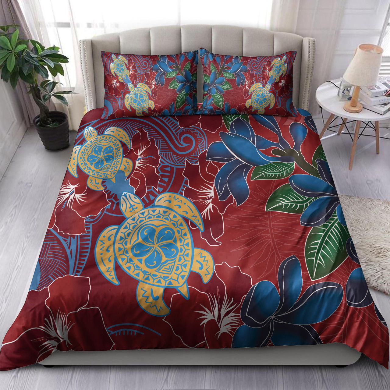 Hawaii Bedding Set Polynesian Cultures Turtle Couple Tropical Flowers Red Color