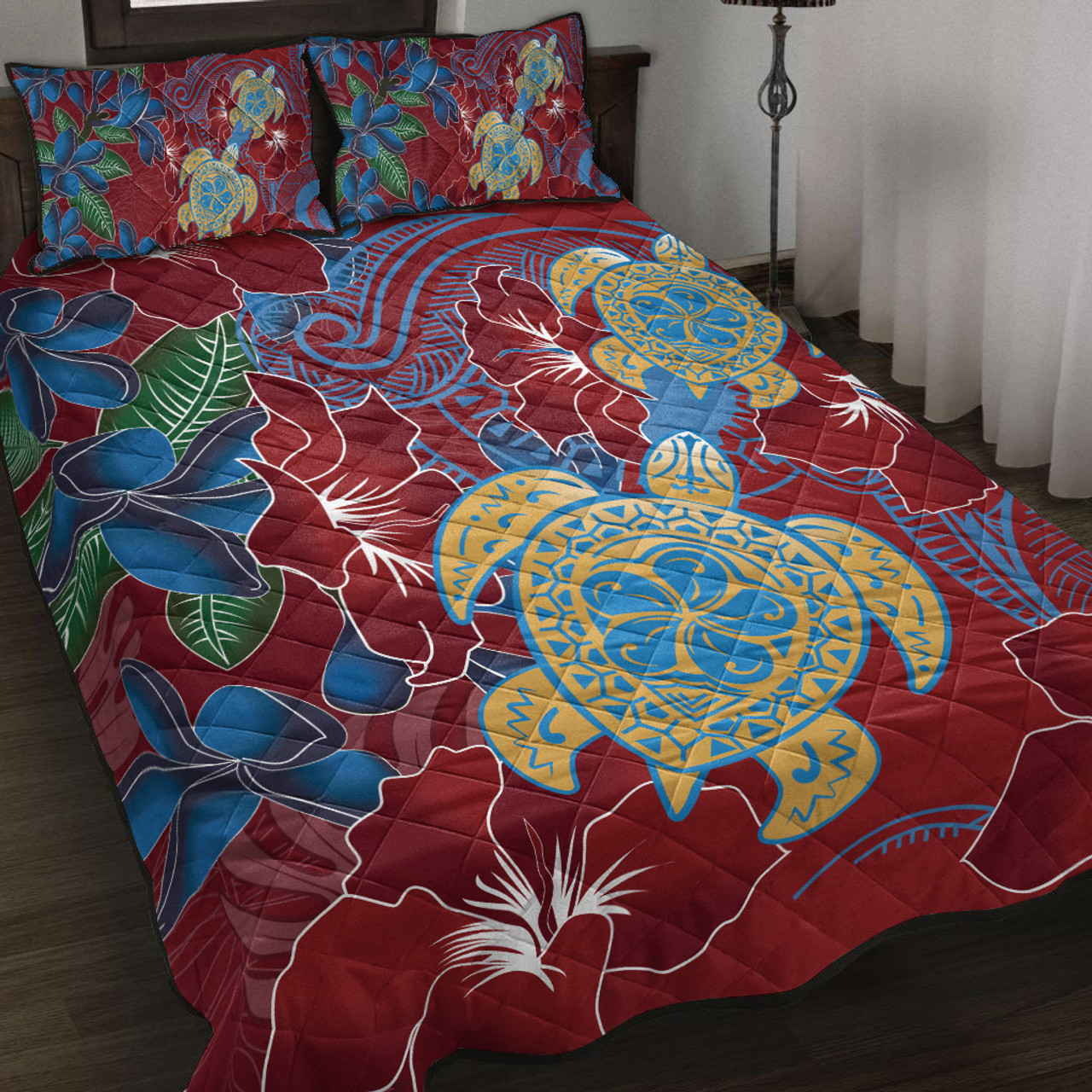 Hawaii Quilt Bed Set Polynesian Cultures Turtle Couple Tropical Flowers Red Color