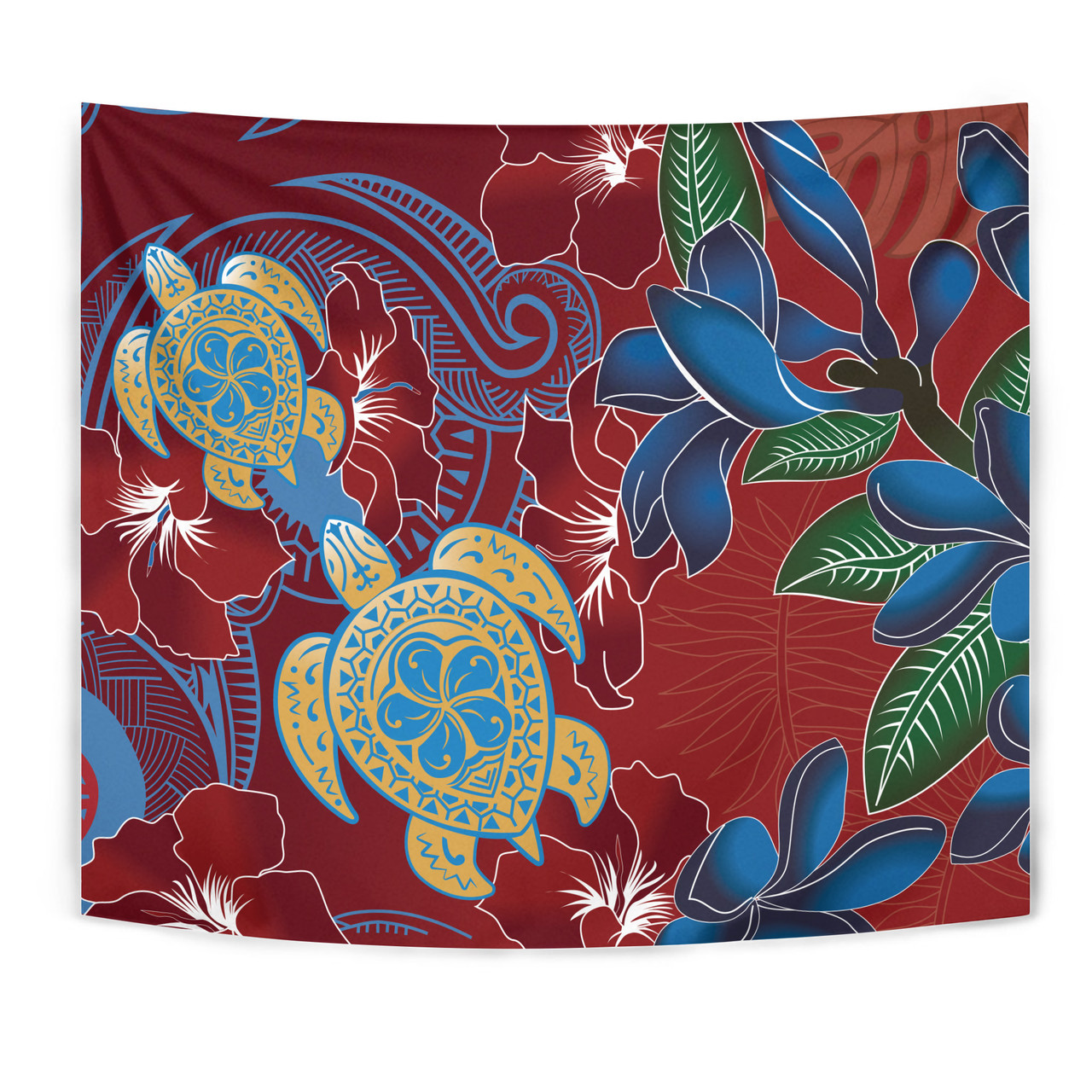 Hawaii Tapestry Polynesian Cultures Turtle Couple Tropical Flowers Red Color