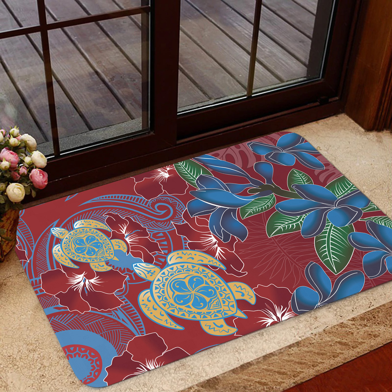 Hawaii Door Mat Polynesian Cultures Turtle Couple Tropical Flowers Red Color