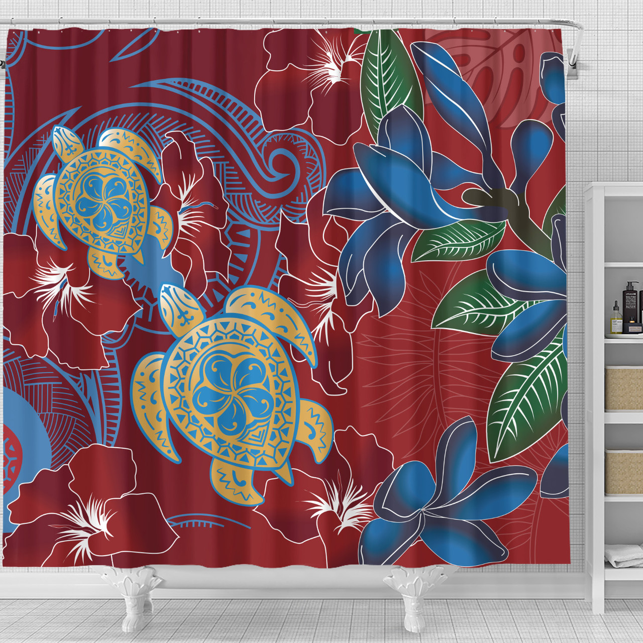 Hawaii Shower Curtain Polynesian Cultures Turtle Couple Tropical Flowers Red Color