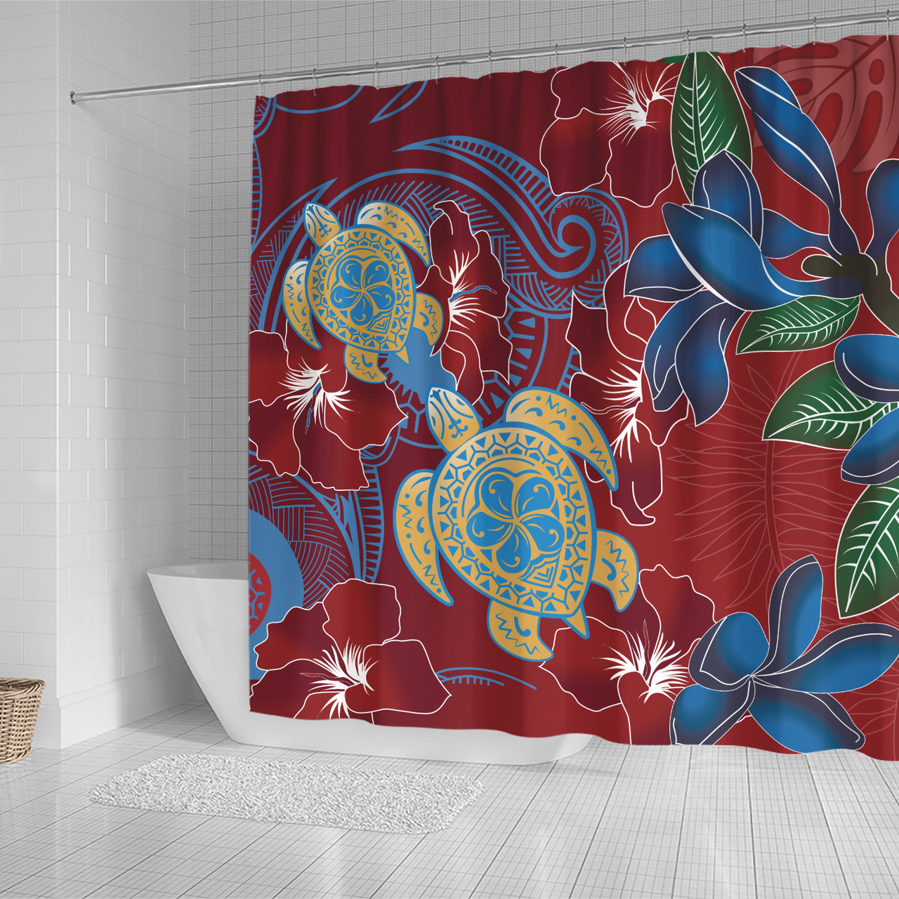 Hawaii Shower Curtain Polynesian Cultures Turtle Couple Tropical Flowers Red Color