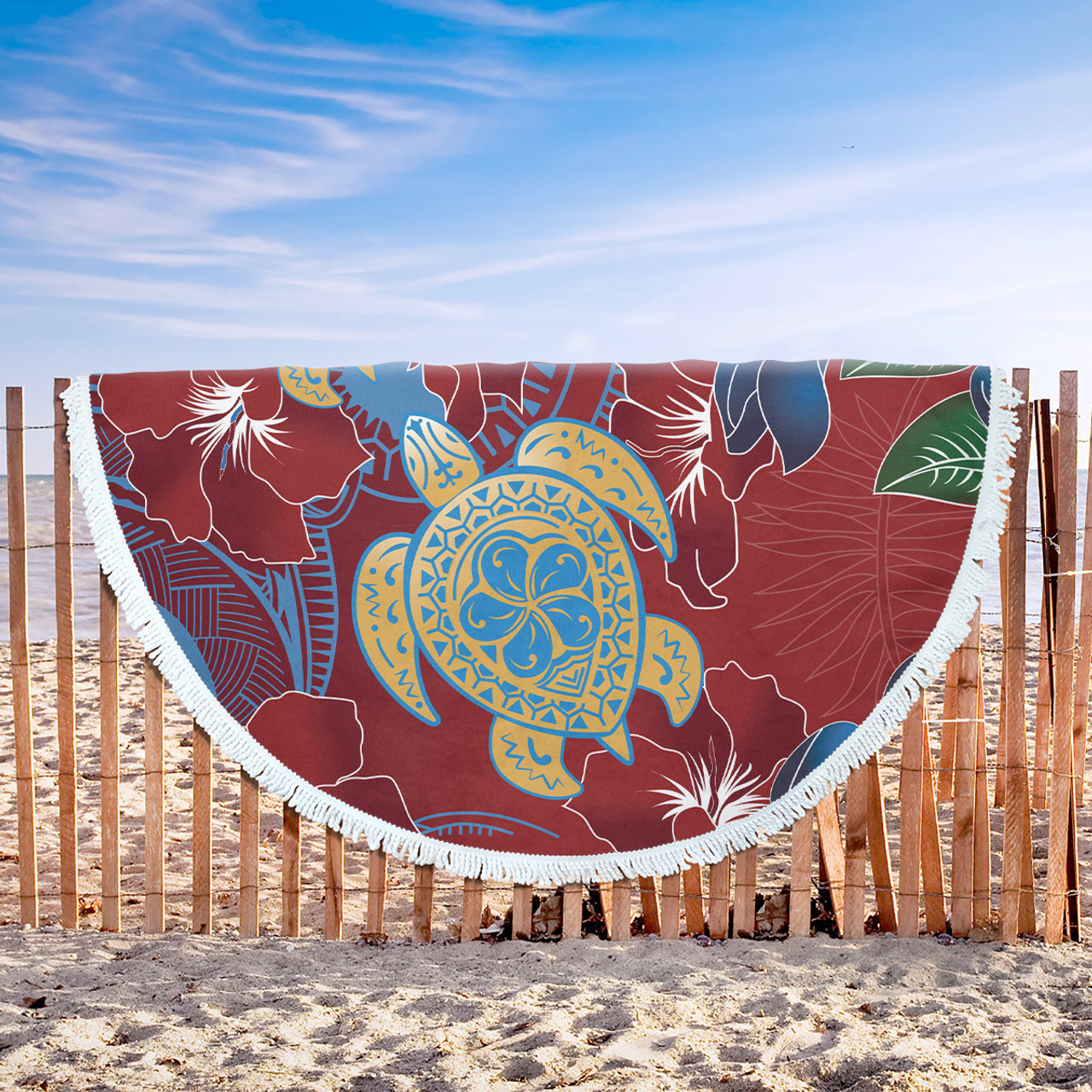 Hawaii Beach Blanket Polynesian Cultures Turtle Couple Tropical Flowers Red Color