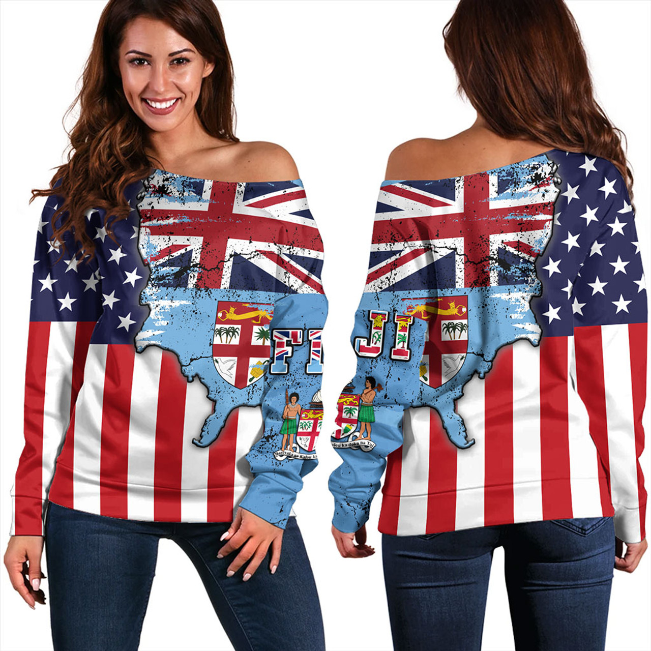 Fiji Off Shoulder Sweatshirt Flag American Half Concept