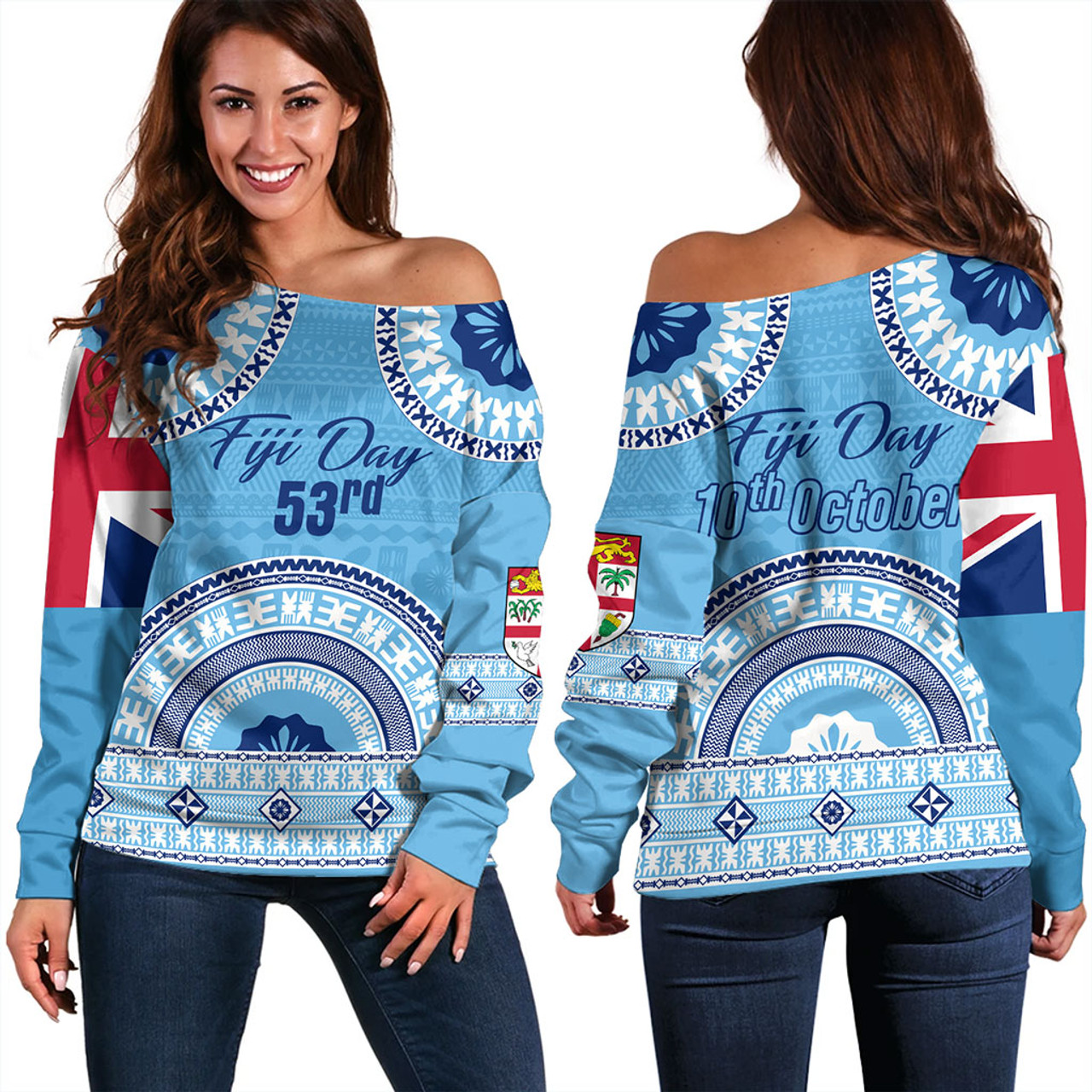 Fiji Off Shoulder Sweatshirt Happy Fiji Day Bula Pattern