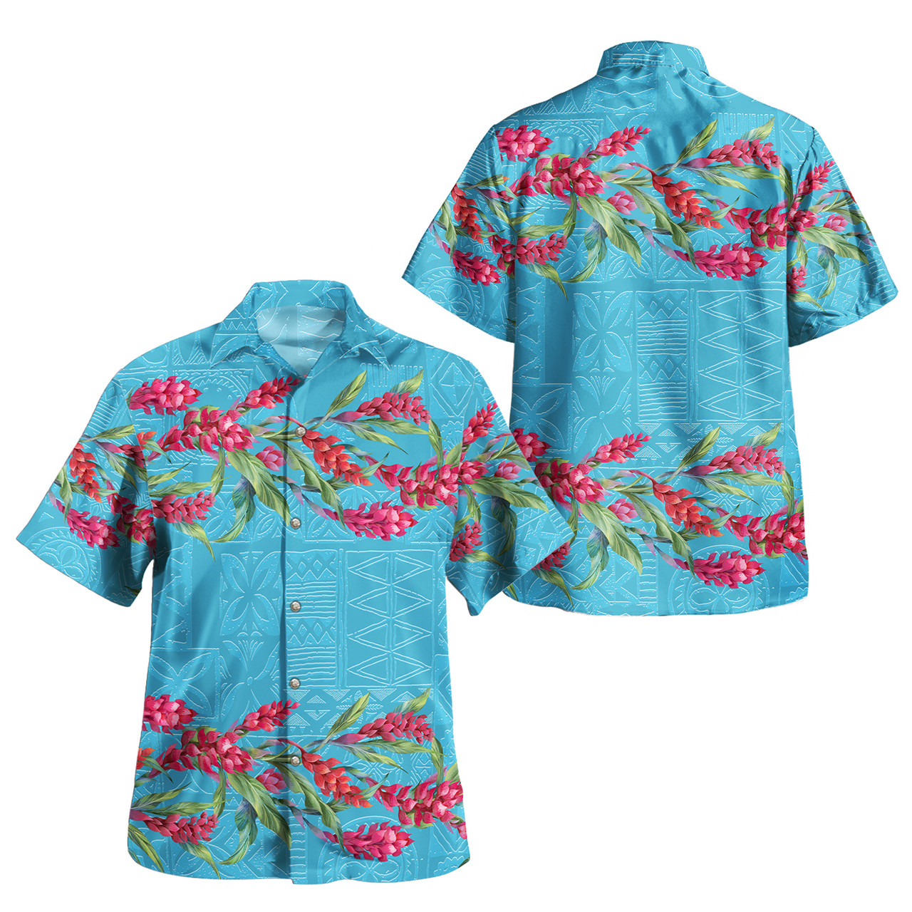 Combo Short Sleeve Dress And Shirt Ginger Flowers With Polynesian Motif Blue Version