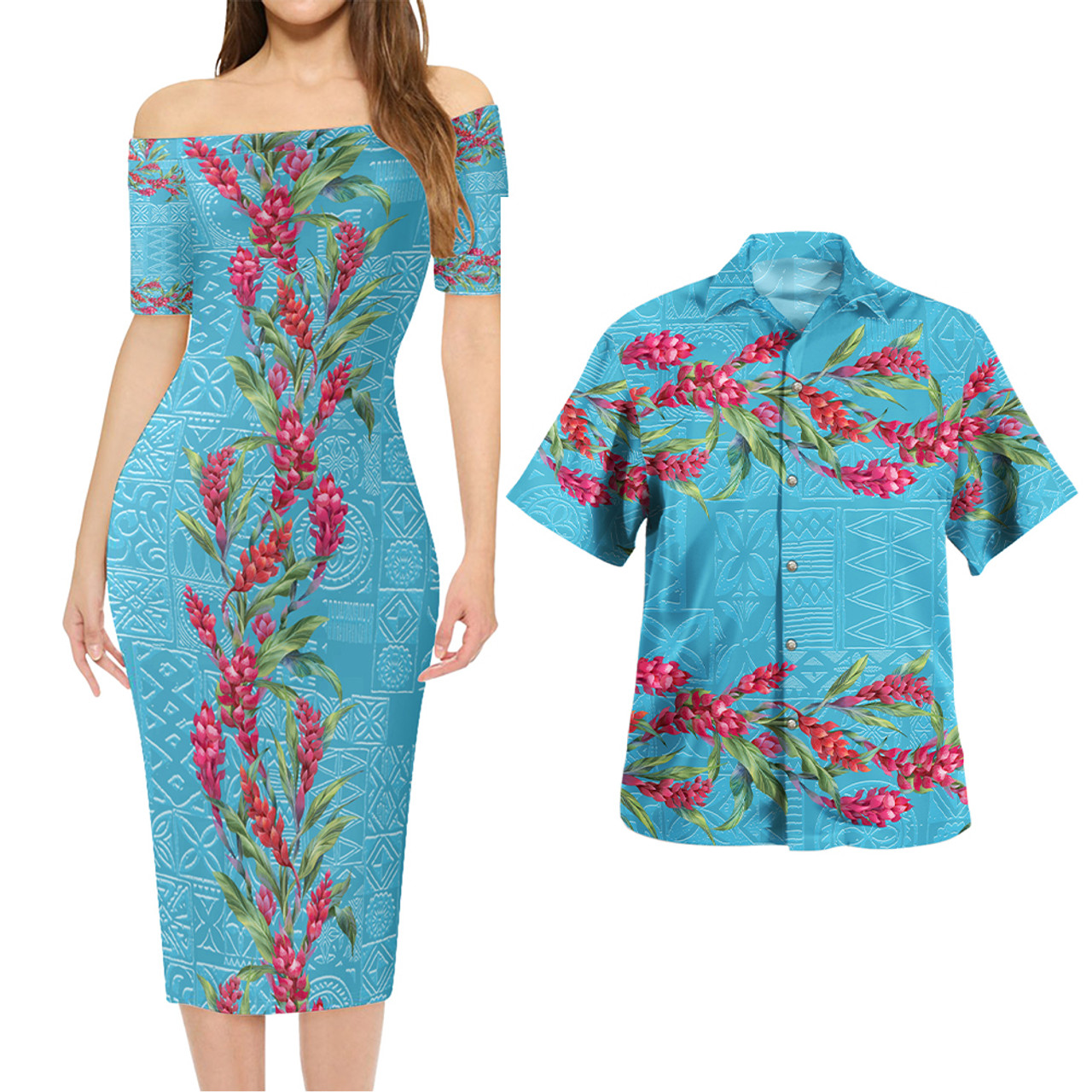 Combo Short Sleeve Dress And Shirt Ginger Flowers With Polynesian Motif Blue Version