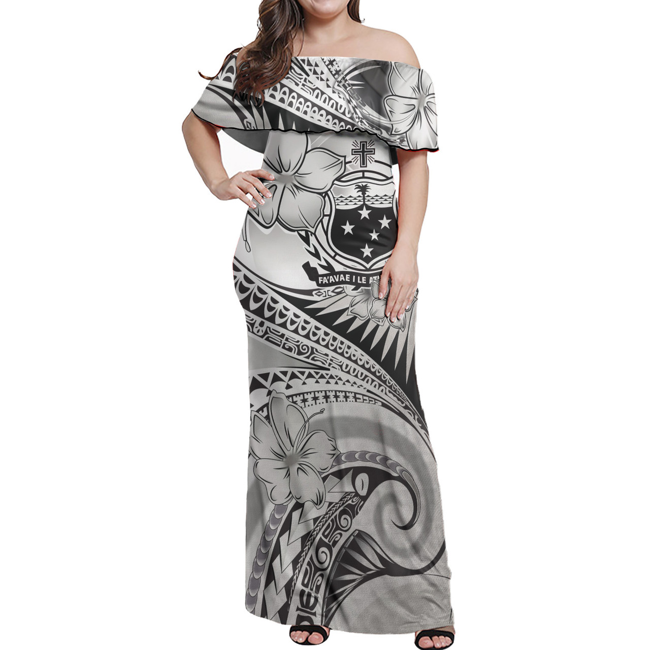 Samoa Combo Off Shoulder Long Dress And Shirt Polynesian Tribal Waves Patterns Hibiscus Flowers