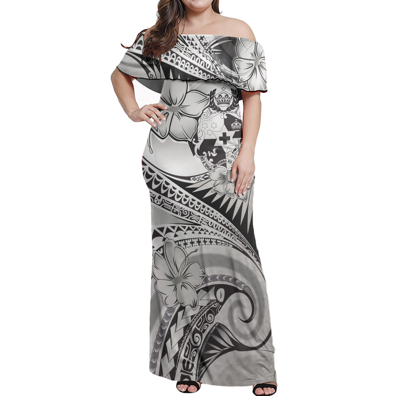 Tonga Combo Off Shoulder Long Dress And Shirt Polynesian Tribal Waves Patterns Hibiscus Flowers