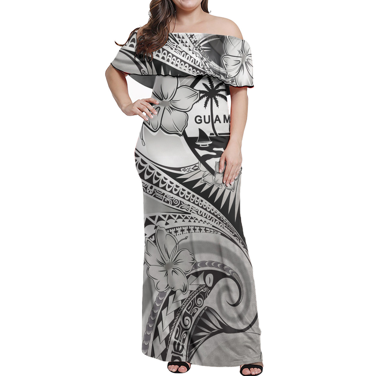 Guam Combo Off Shoulder Long Dress And Shirt Polynesian Tribal Waves Patterns Hibiscus Flowers