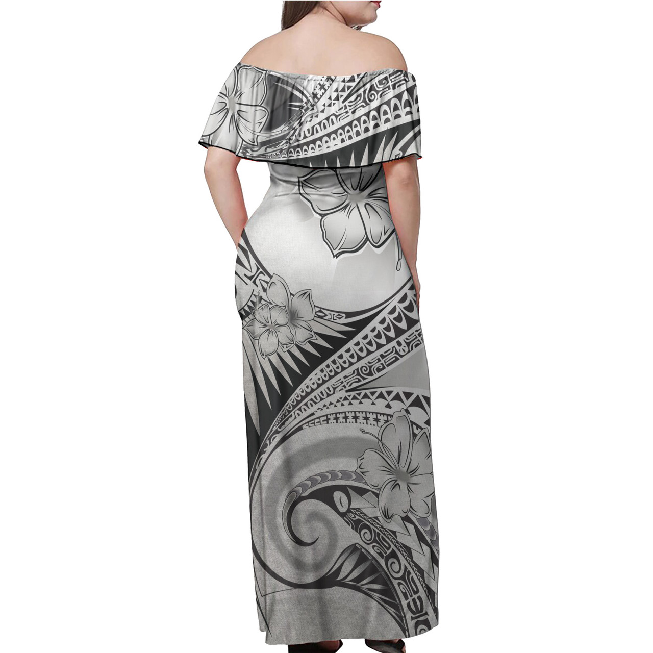 Guam Combo Off Shoulder Long Dress And Shirt Polynesian Tribal Waves Patterns Hibiscus Flowers