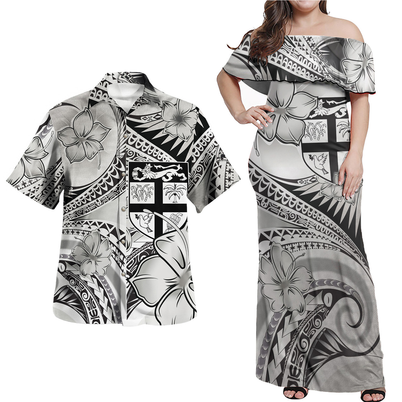 Fiji Combo Off Shoulder Long Dress And Shirt Polynesian Tribal Waves Patterns Hibiscus Flowers