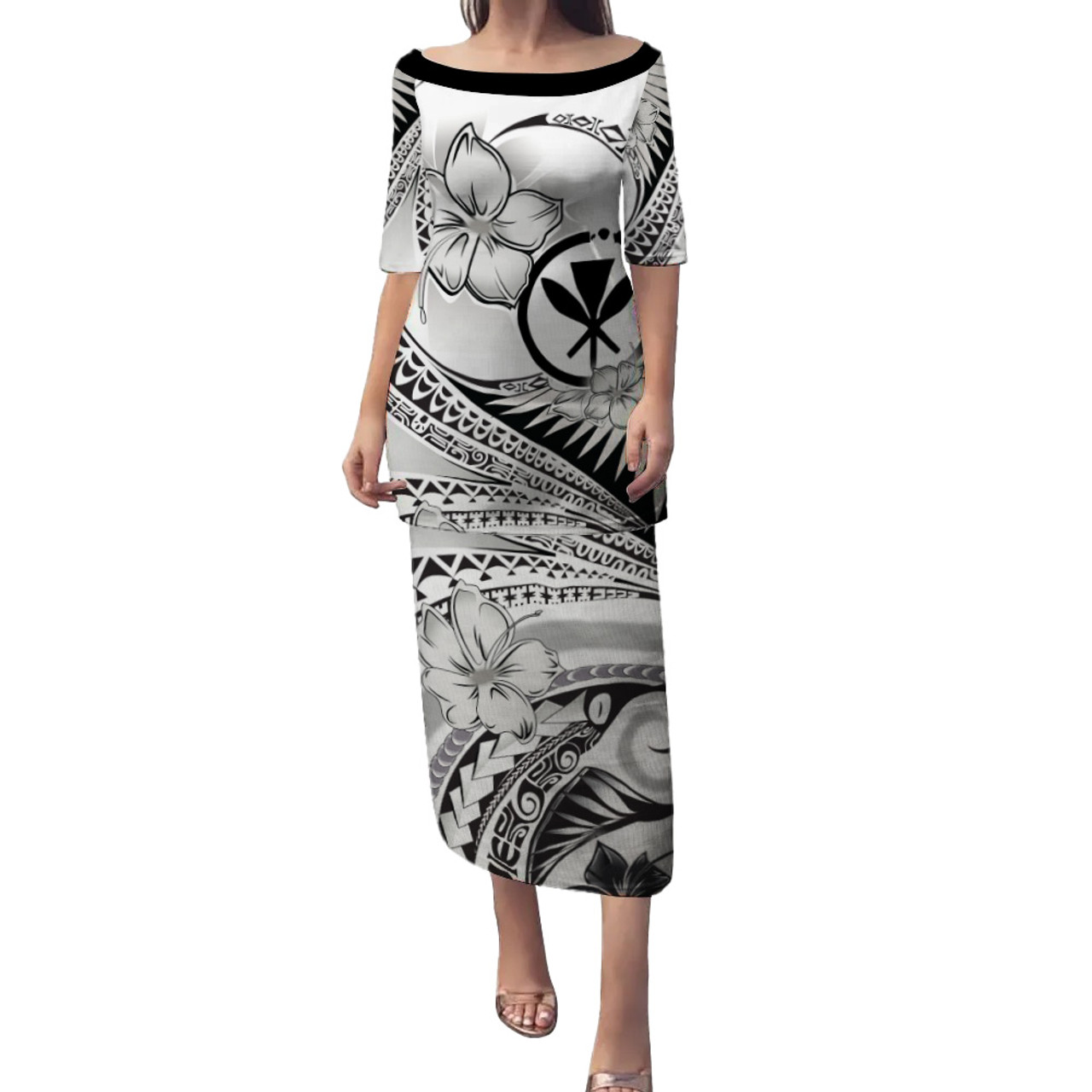 Hawaii Kanaka Maoli Combo Puletasi And Shirt Polynesian Tribal Waves Patterns Hibiscus Flowers