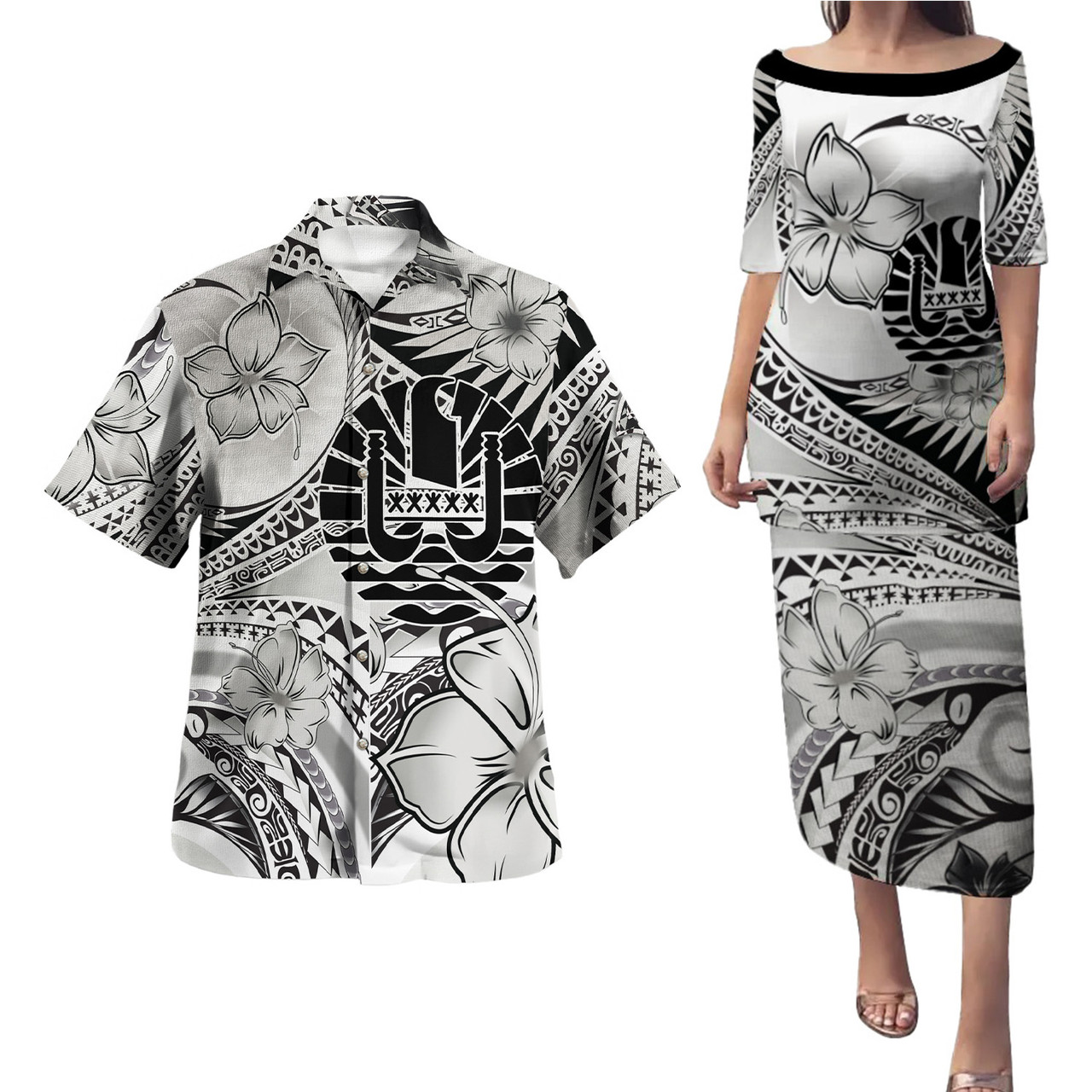 Tahiti Combo Puletasi And Shirt Polynesian Tribal Waves Patterns Hibiscus Flowers