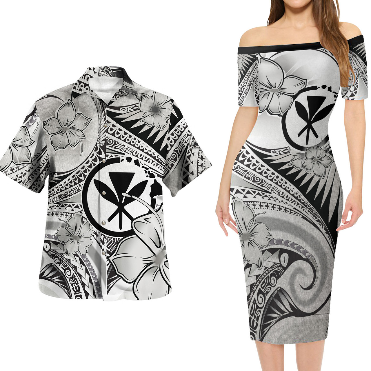 Hawaii Kanaka Maoli Combo Short Sleeve Dress And Shirt Polynesian Tribal Waves Patterns Hibiscus Flowers