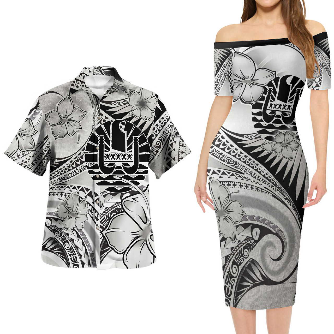 Tahiti Combo Short Sleeve Dress And Shirt Polynesian Tribal Waves Patterns Hibiscus Flowers