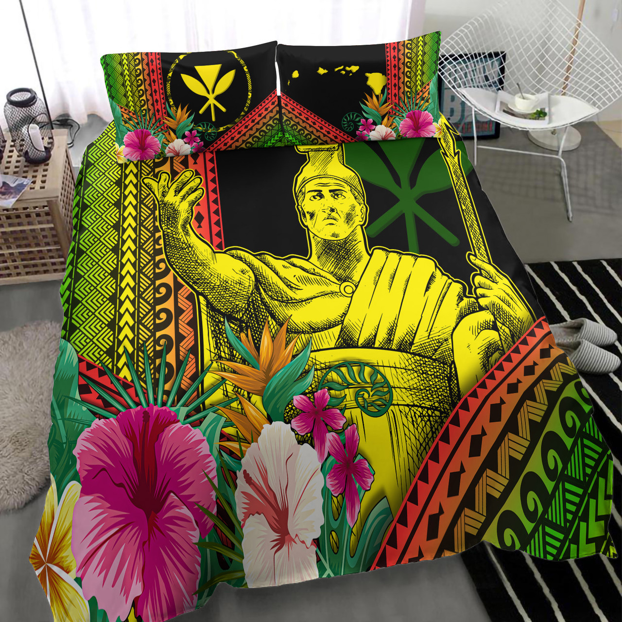 Hawaii Bedding Set King Kamekameha Kanaka Maoli Polynesian Pattern