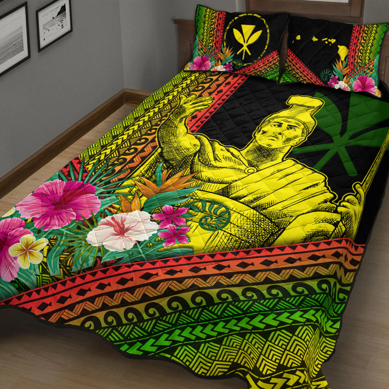Hawaii Quilt Bed Set King Kamekameha Kanaka Maoli Polynesian Pattern
