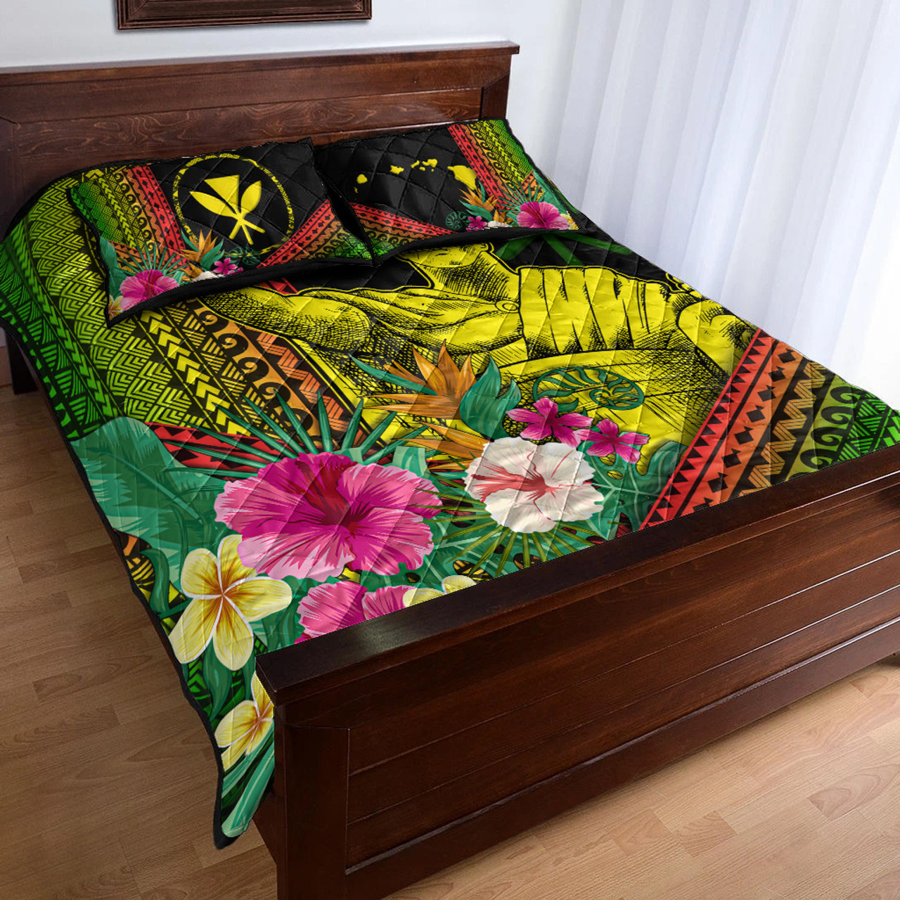 Hawaii Quilt Bed Set King Kamekameha Kanaka Maoli Polynesian Pattern
