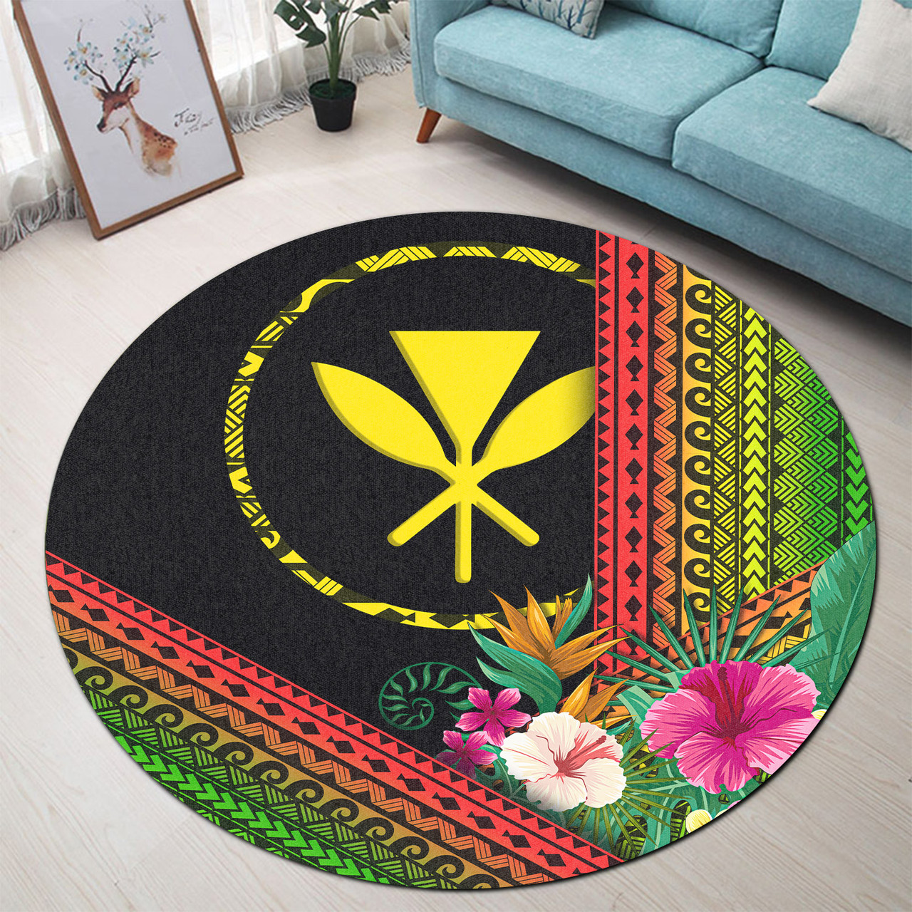 Hawaii Round Rug Kanaka Maoli Polynesian Pattern