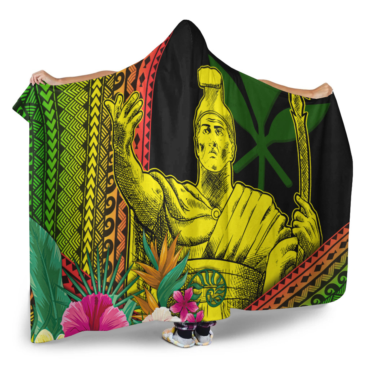 Hawaii Hooded Blanket King Kamekameha Kanaka Maoli Polynesian Pattern