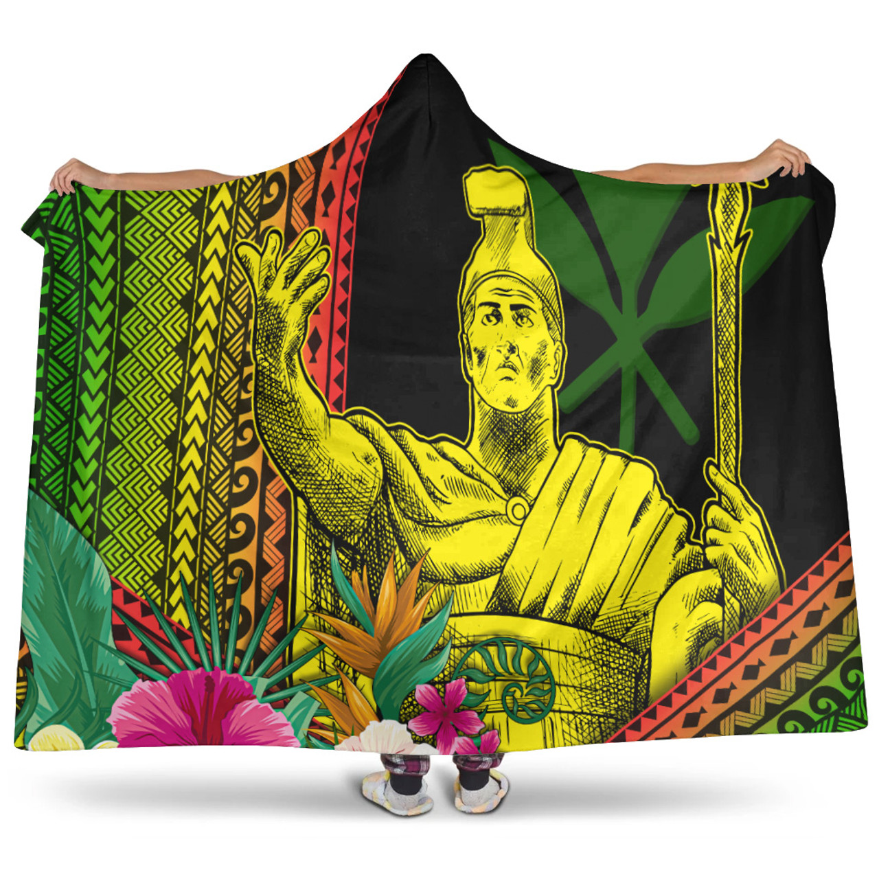 Hawaii Hooded Blanket King Kamekameha Kanaka Maoli Polynesian Pattern