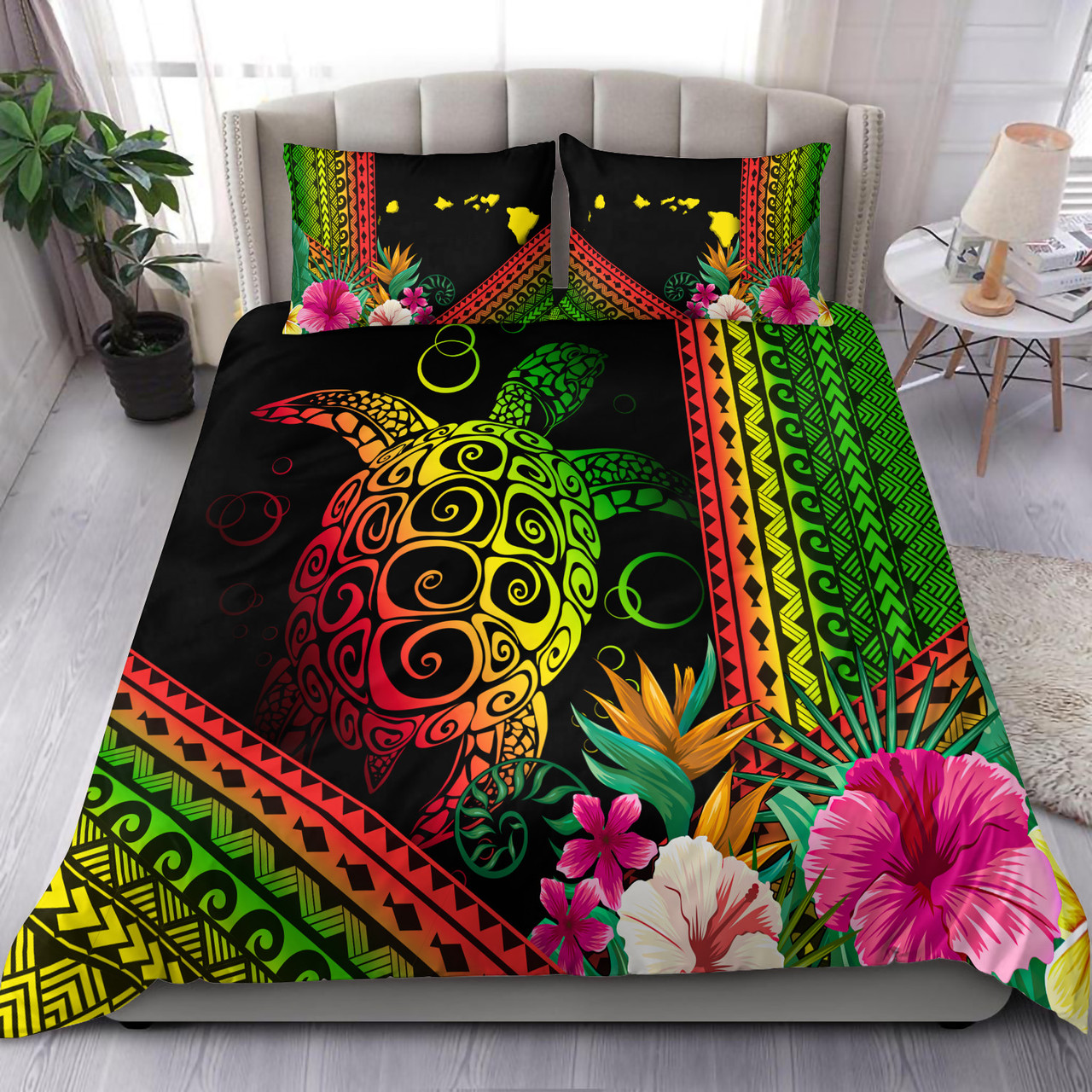 Hawaii Bedding Set Turtle Polynesian Pattern Reggae Color