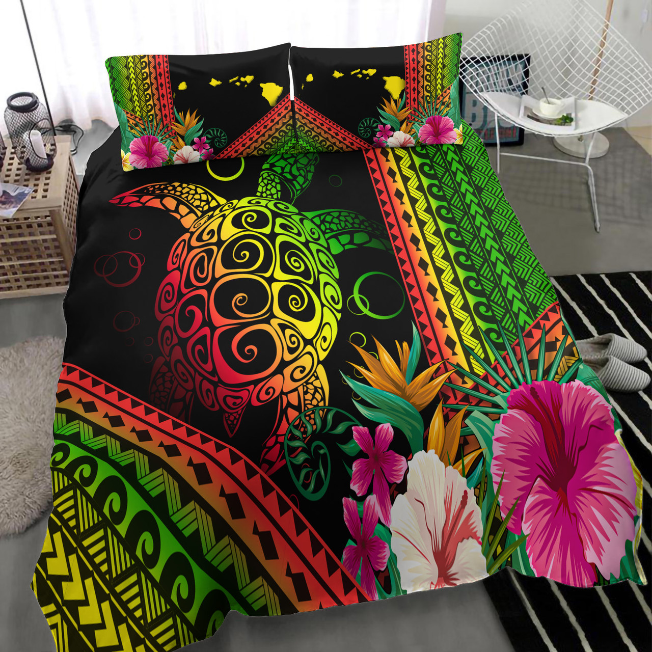 Hawaii Bedding Set Turtle Polynesian Pattern Reggae Color