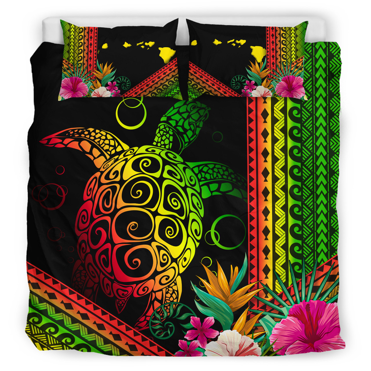 Hawaii Bedding Set Turtle Polynesian Pattern Reggae Color