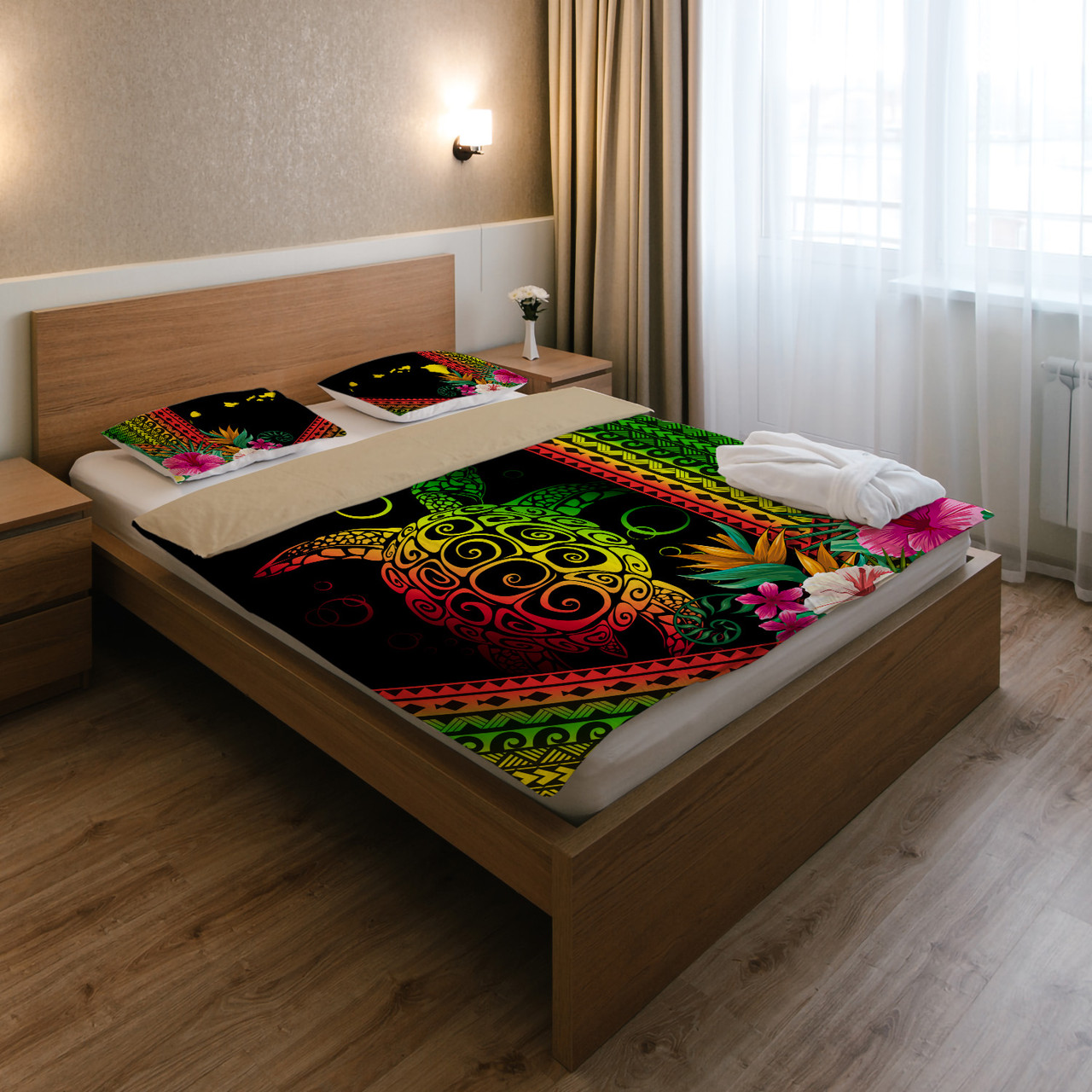 Hawaii Bedding Set Turtle Polynesian Pattern Reggae Color