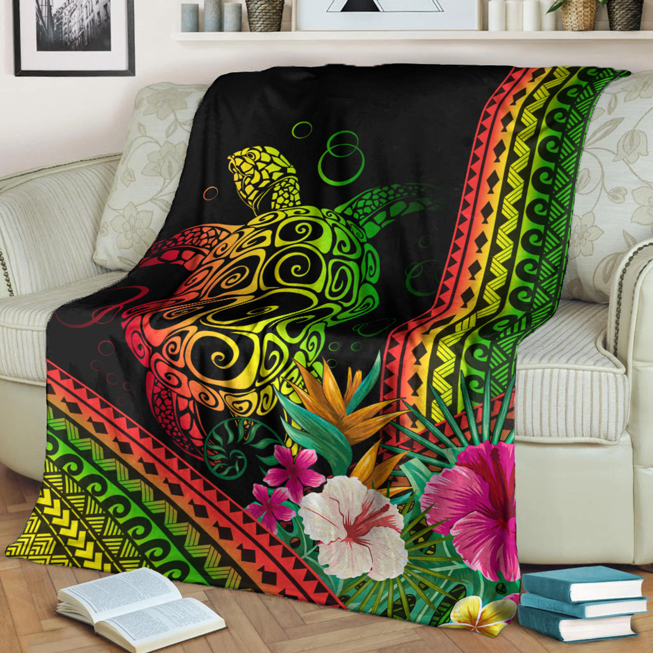 Hawaii Premium Blanket Turtle Polynesian Pattern Reggae Color