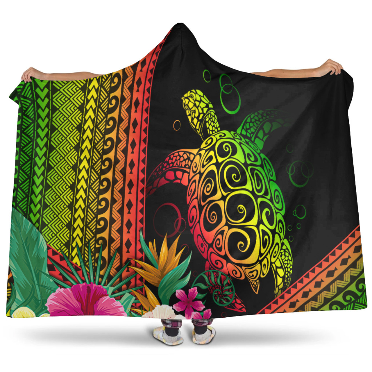 Hawaii Hooded Blanket Turtle Polynesian Pattern Reggae Color