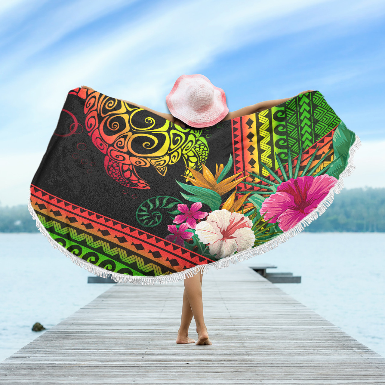 Hawaii Beach Blanket Turtle Polynesian Pattern Reggae Color
