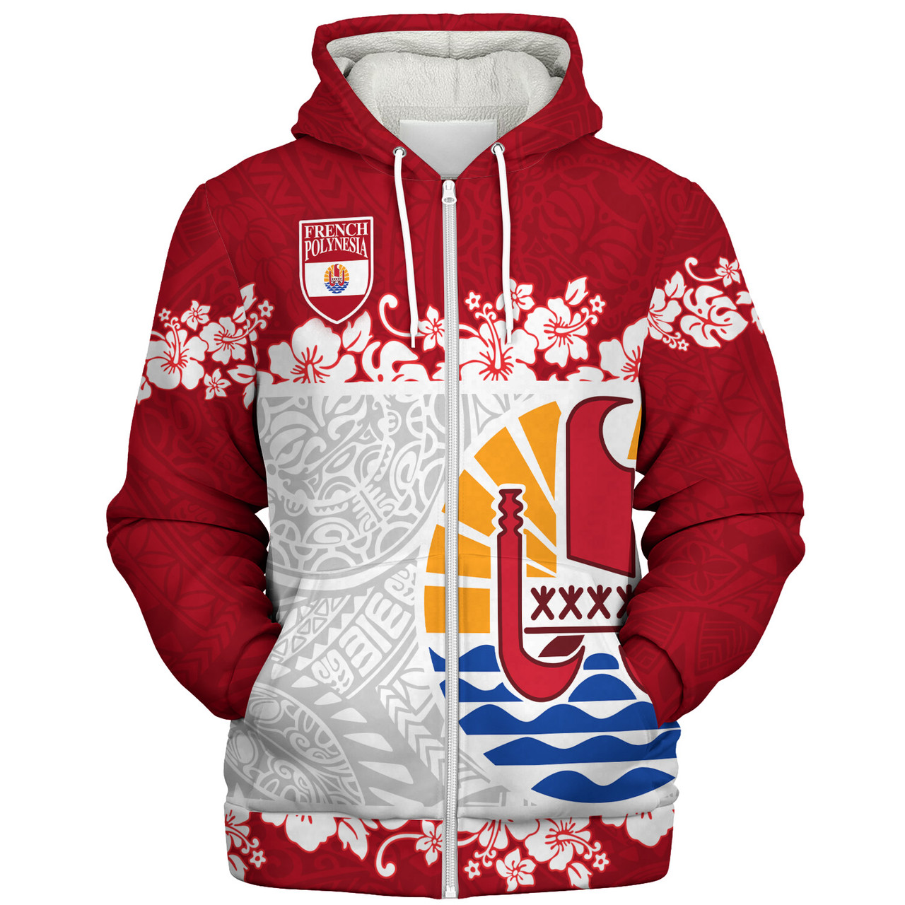 French Polynesia Sherpa Hoodie Seal With Plumeria Flowers Polynesia Patterns