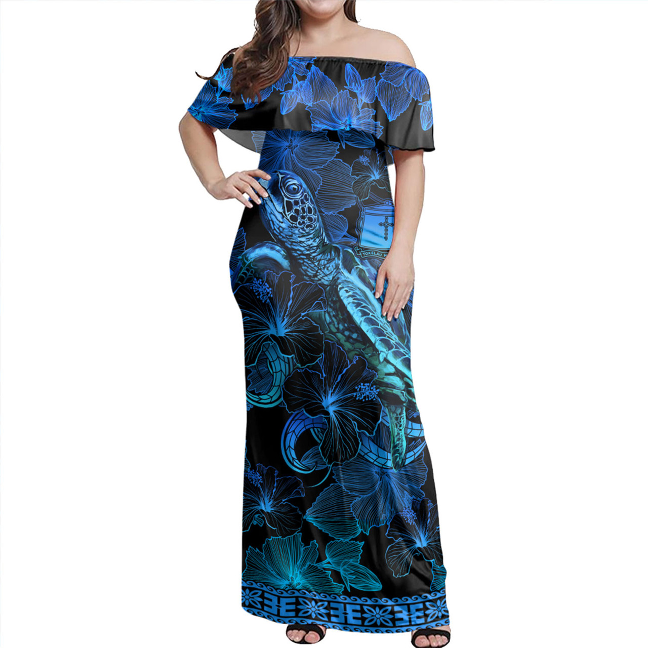 Tokelau Off Shoulder Long Dress Sea Turtle With Blooming Hibiscus Flowers Tribal Blue