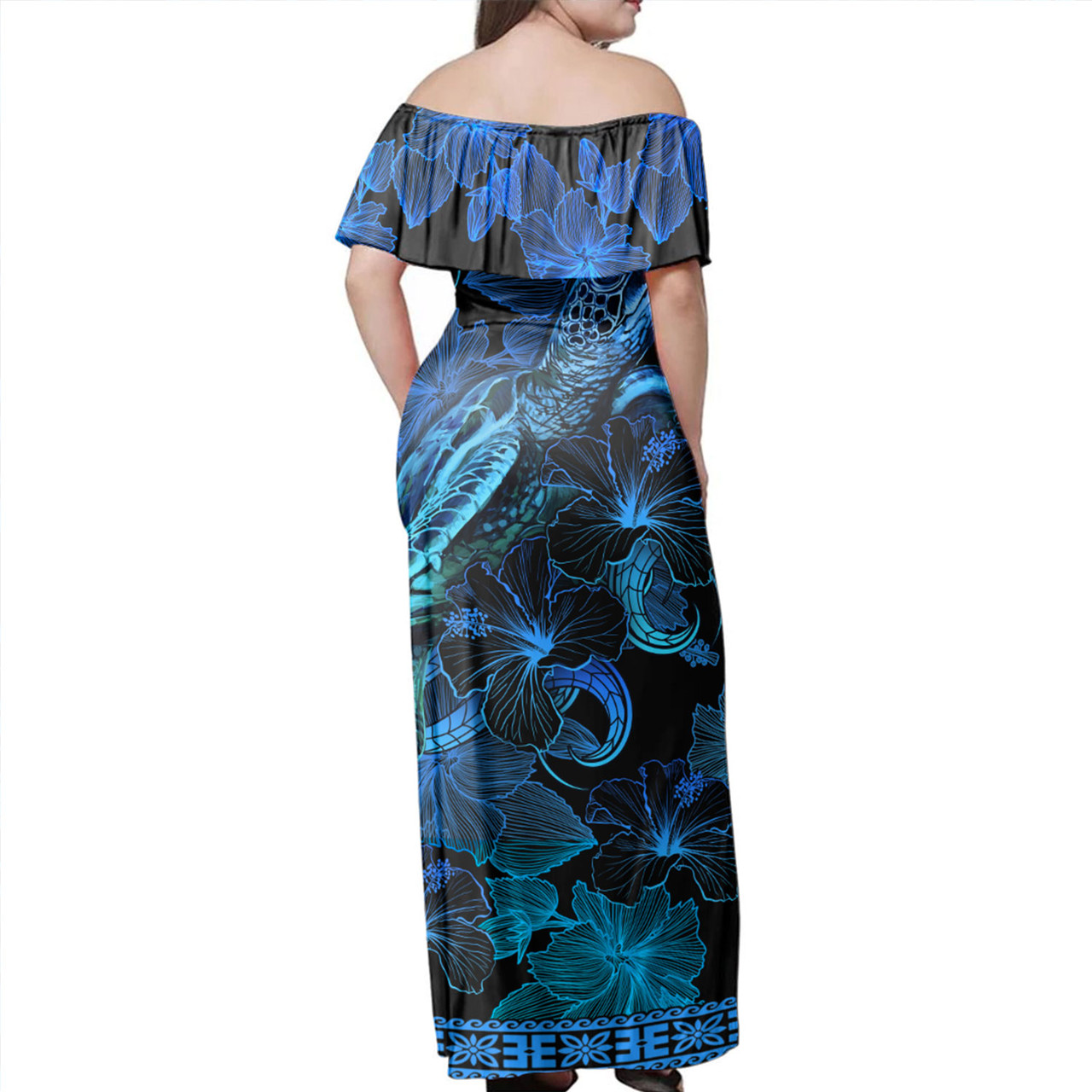 Tonga Off Shoulder Long Dress Sea Turtle With Blooming Hibiscus Flowers Tribal Blue