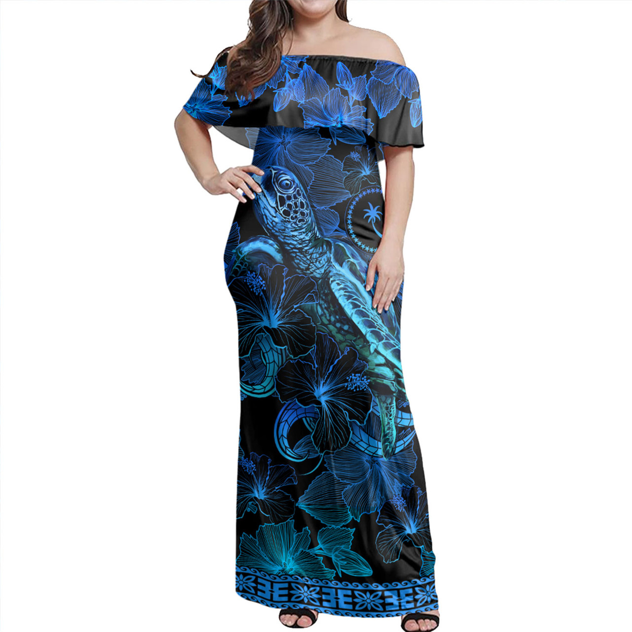 Chuuk State Off Shoulder Long Dress Sea Turtle With Blooming Hibiscus Flowers Tribal Blue