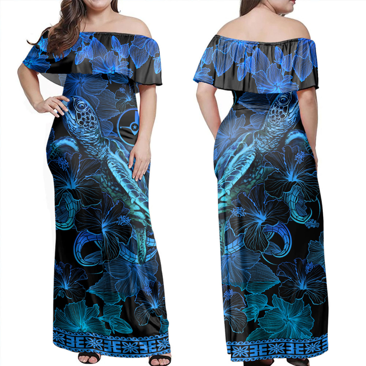 Yap State Off Shoulder Long Dress Sea Turtle With Blooming Hibiscus Flowers Tribal Blue