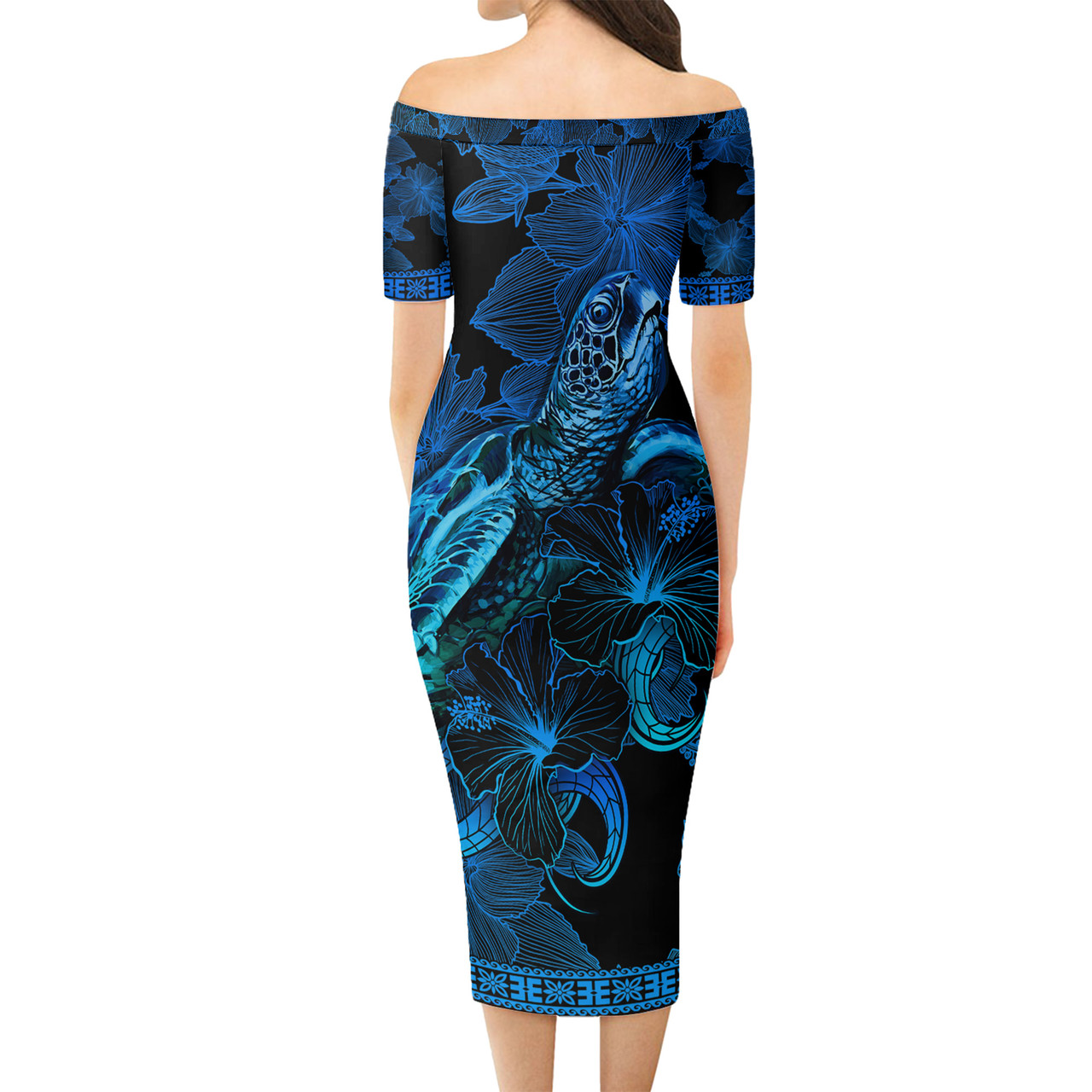Niue Short Sleeve Off The Shoulder Lady Dress Sea Turtle With Blooming Hibiscus Flowers Tribal Blue