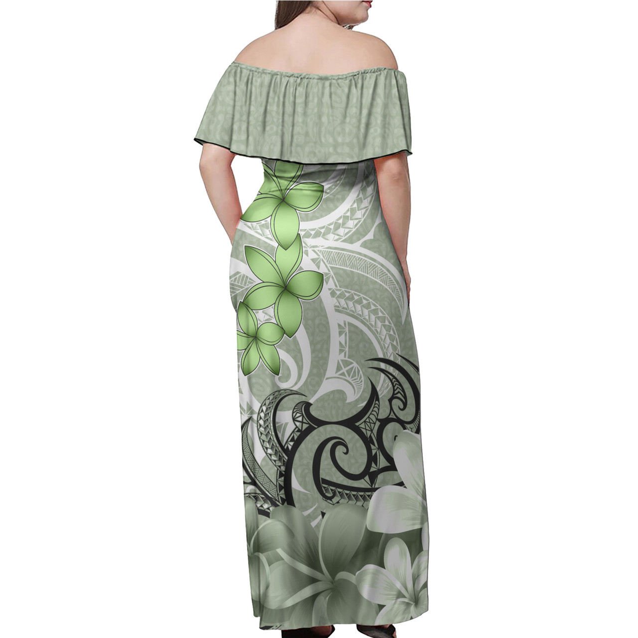 Cook Islands Woman Off Shoulder Long Dress Polynesian Floral Spirit Sage Green